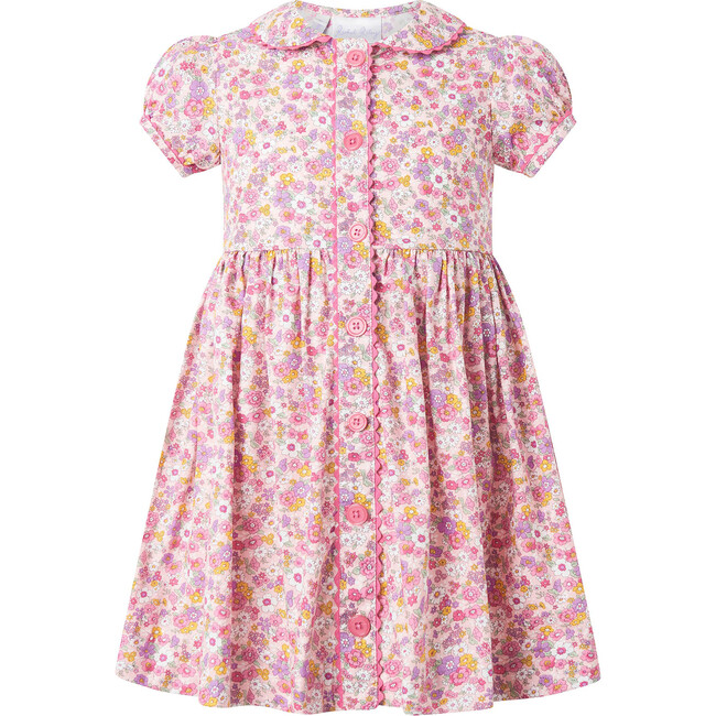 Candy Floral Print Short Puff Sleeve Button-Front Dress, Pastel Blue & Pink