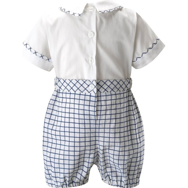 Check Double Breasted Shirt & Elastic Waist Short Romper, White & Ivory - Mixed Apparel Set - 2