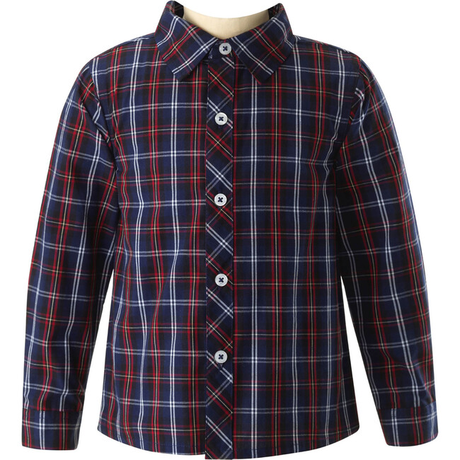 Classic Collar Plaid Check Polo Shirt, Navy & Red