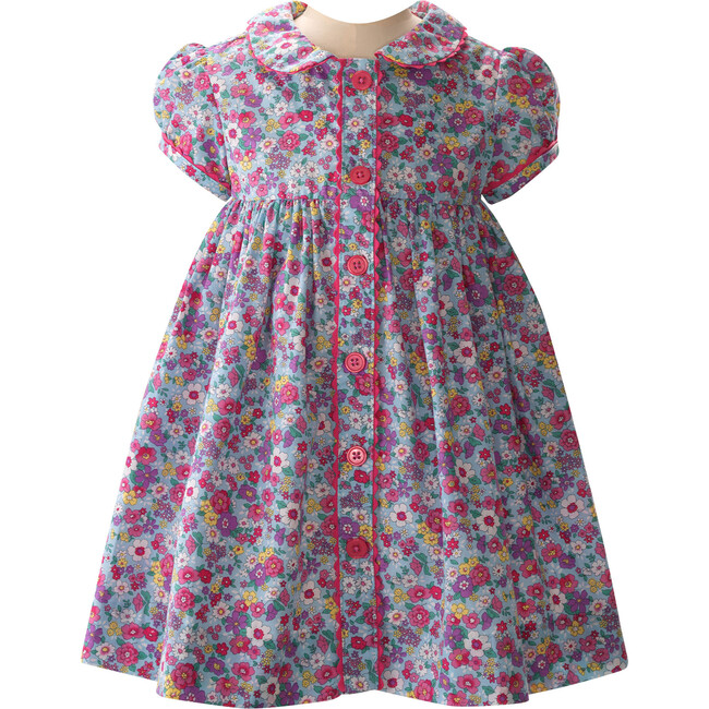 Candy Floral Print Short Puff Sleeve Button-Front Dress & Bloomers, Pastel Blue & Pink