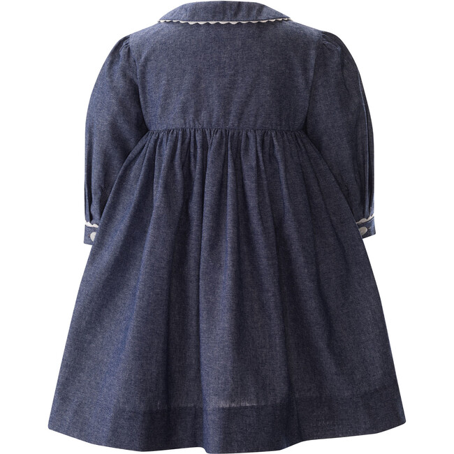 Chambray Long Sleeve Ric Rac Trim Button-Front Dress & Bloomers, Navy & Ivory - Dresses - 3