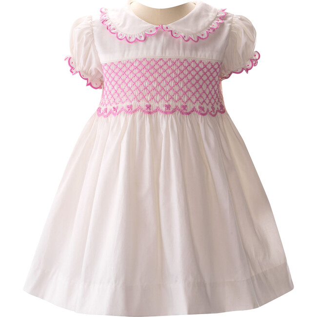 Bow Scalloped Collar Puff Sleeve Smocked Dress, White & Pink