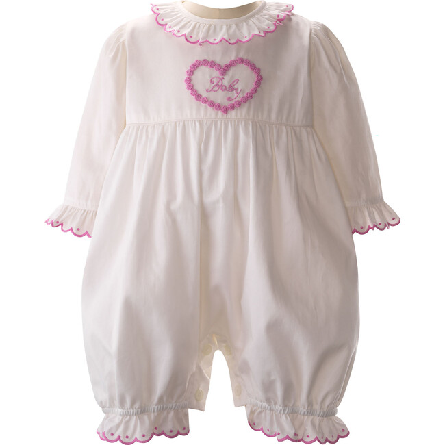 Baby Embroidered Frill Babysuit, Ivory & Pink