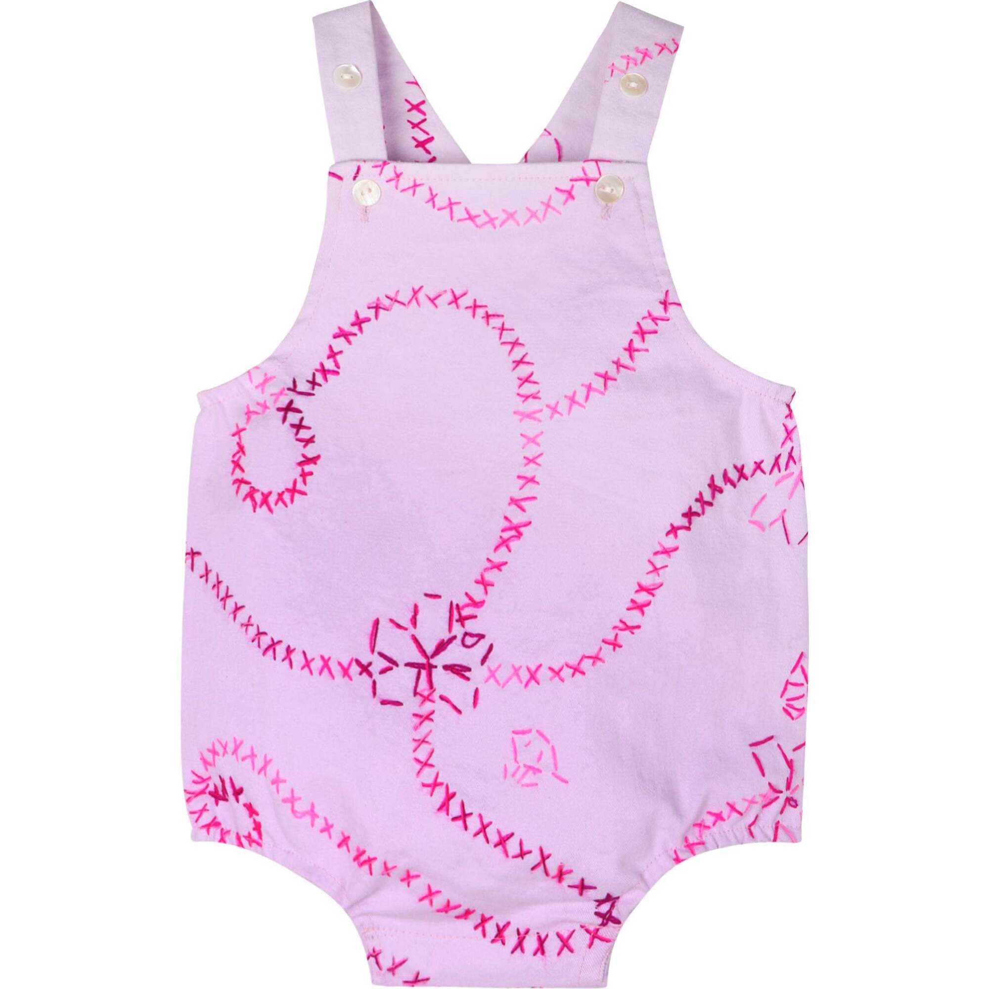 Jardin Flower Embroidered Snap Button Denim Romper, Purple - Rompers - 1