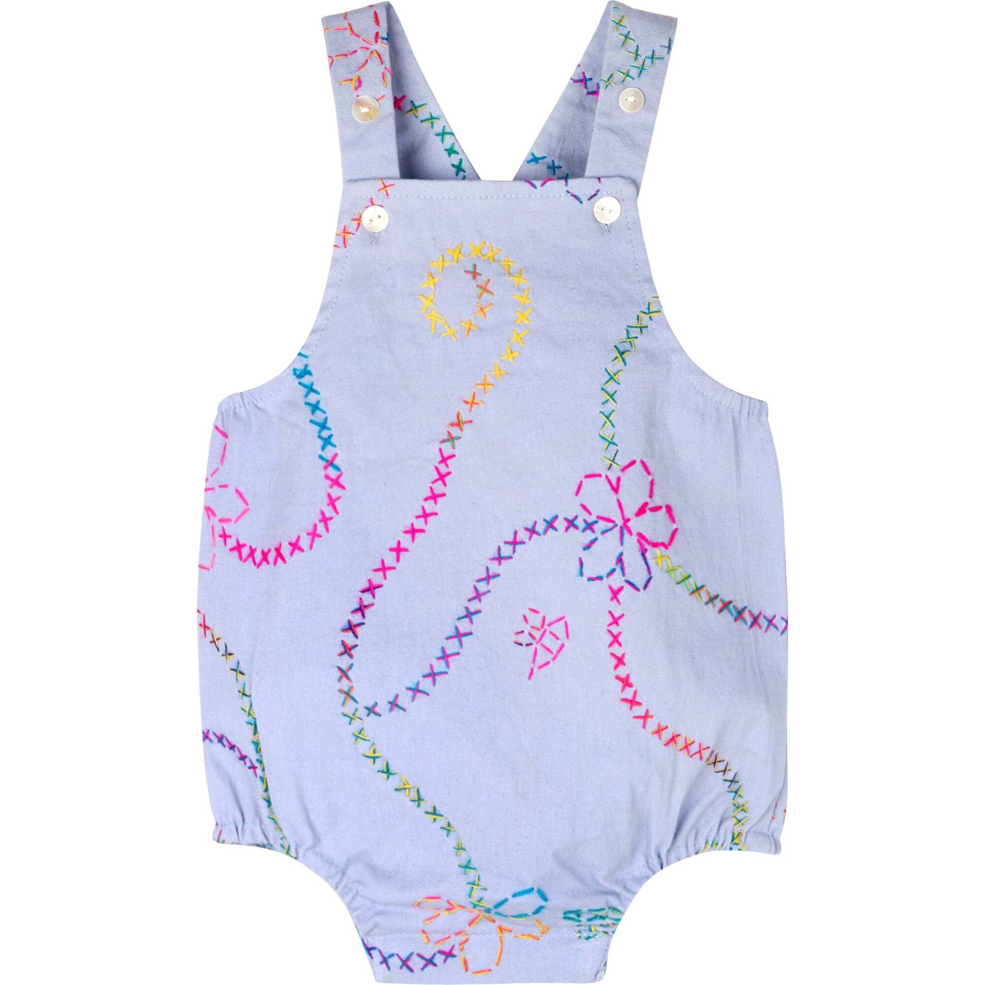 Jardin Flower Embroidered Snap Button Denim Romper, Blue - Rompers - 1