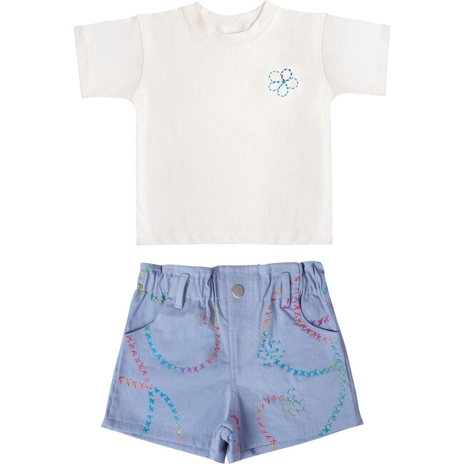 Jardin Flower Embroidered T-Shirt & Denim Bermuda Shorts 2-Piece Set, Blue