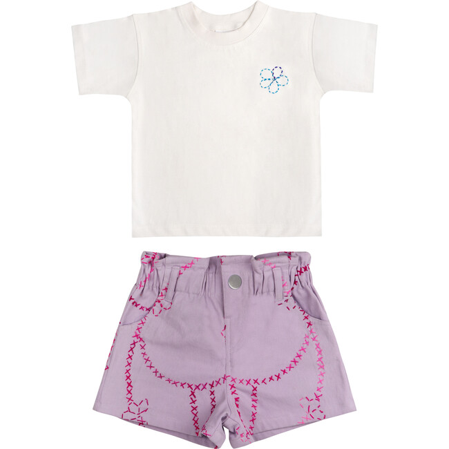 Jardin Flower Embroidered T-Shirt & Denim Bermuda Shorts 2-Piece Set, Purple