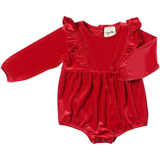 Jenny Velvet Ruffle Shoulder Long Sleeve Bubble, Scarlet - Onesies - 1