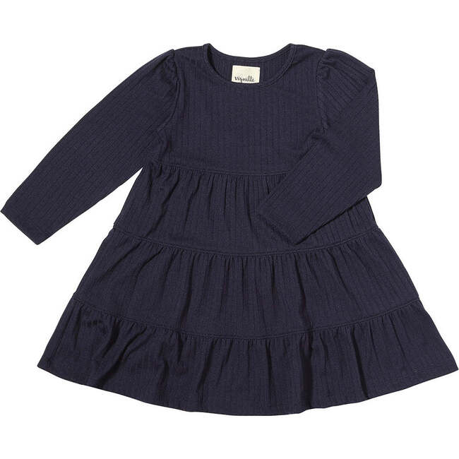 Iona Ribbed Long Sleeve 3-Tiered Dress, Navy