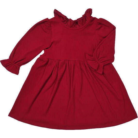 Finny Ruffle Neck Long Cuffed Sleeve Dress, Red