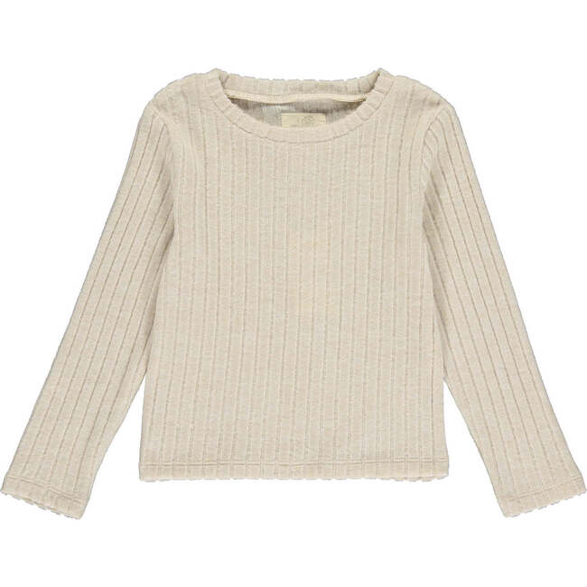 Nikki Ribbed Long Sleeve Picot Trim T-Shirt, Tan - Shirts - 1