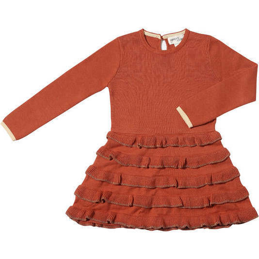 Arthie Knit Long Sleeve Tiered Ruffle Dress, Pumpkin