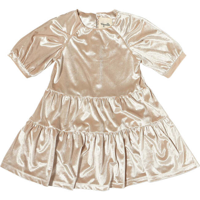 Alice Metallic Elbow Sleeve 2-Tiered Dress, Wheat