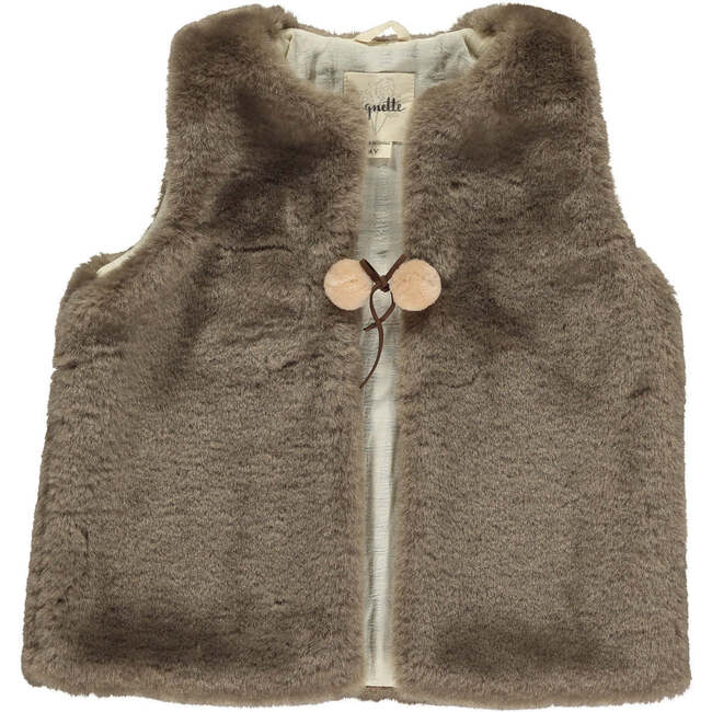 Mae Faux Fur Pom Pom String Tie Bow Vest, Brown