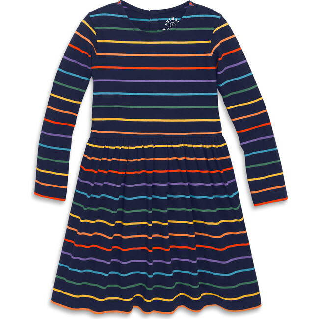 Long Sleeve Perfect Pocket Dress In Rainbow Stripe, Navy Mini Rainbow Stripe