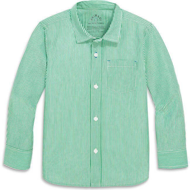 Long Sleeve Button Down In Stripe, Green Apple White Vertical Stripe