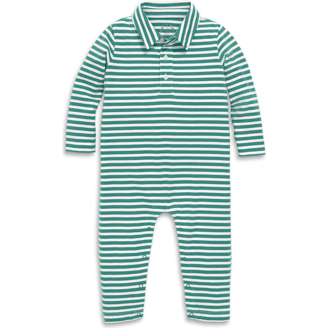 Baby Long Sleeve Polo Romper In Stripe, Ivory Sunwashed Teal Stripe