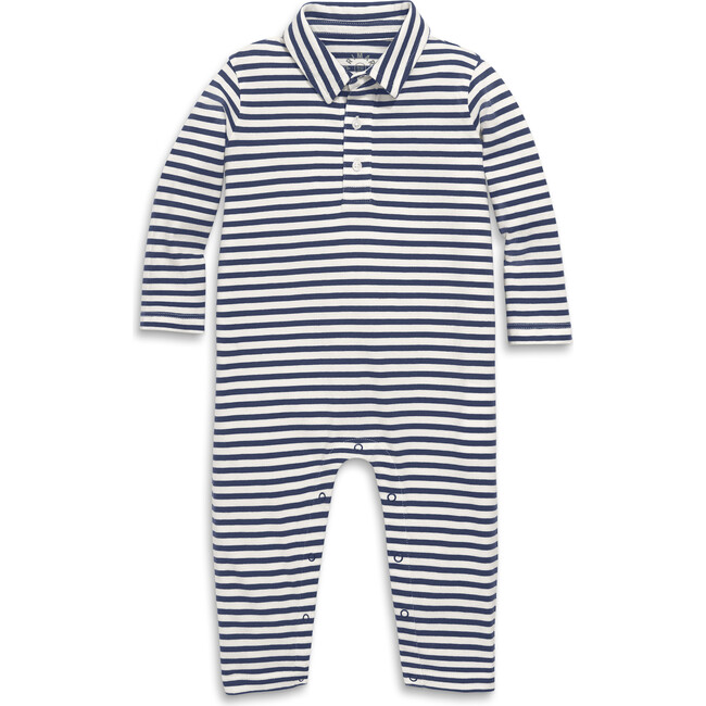 Baby Long Sleeve Polo Romper In Stripe, Ivory Sunwashed Navy Stripe