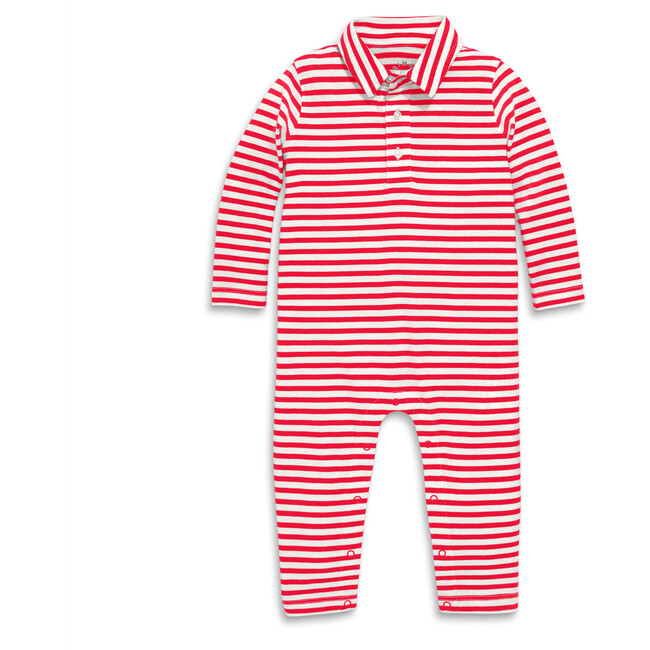 Baby Long Sleeve Polo Romper In Stripe, Ivory Lollipop Stripe