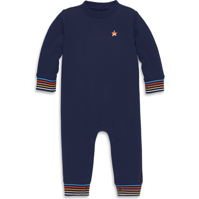 Baby Embroidered Stripe Trim Sweatshirt Romper, Navy