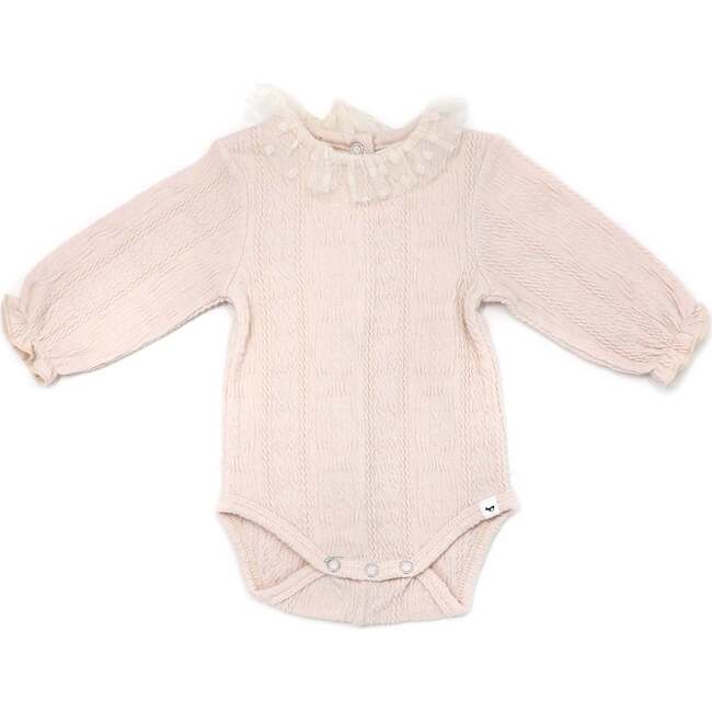 Ruffle Dotted Mesh Collar Puckered Onesie, Natural