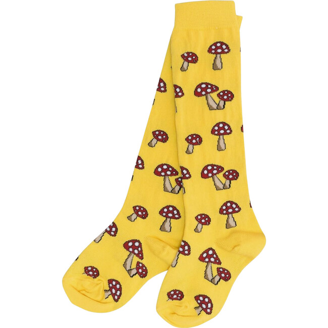 Funguy Mushroom Print Knee High Socks, Yellow & Multicolors