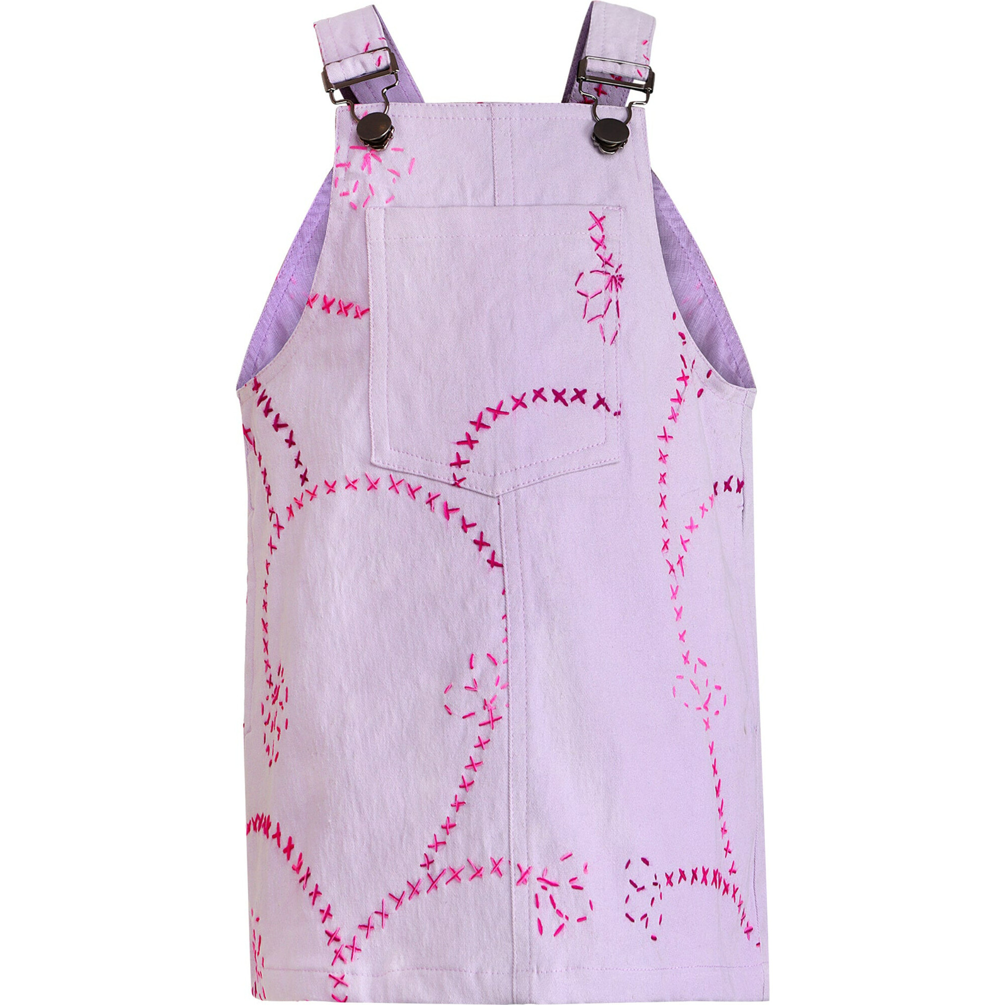 Jardin Flower Embroidered Front Pocket Denim Jumper Dress, Purple - Dresses - 1