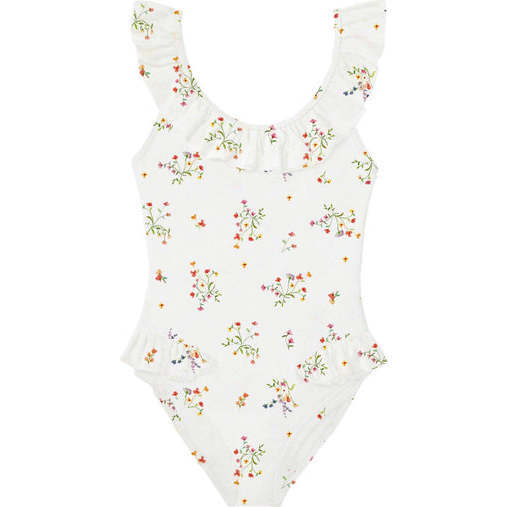 Giverny Floral Print Ruffle Shoulder One-Piece Swimsuit, White