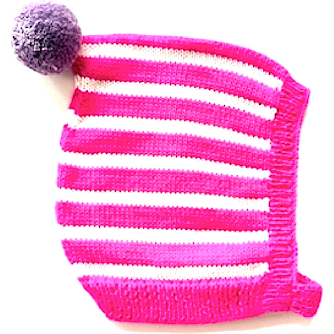 Alpaca Striped Hand-Knit Buttoned Bonnet, Pink