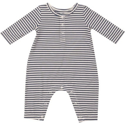 Footballs Navy & Oat Stripe L/S Henley Romper, Blue