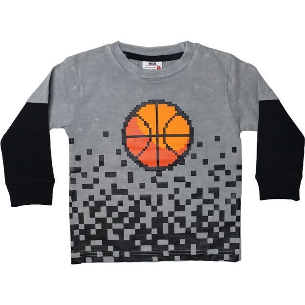 Kids Long Sleeve 2FER Enzyme Tee, Pixel Basketball