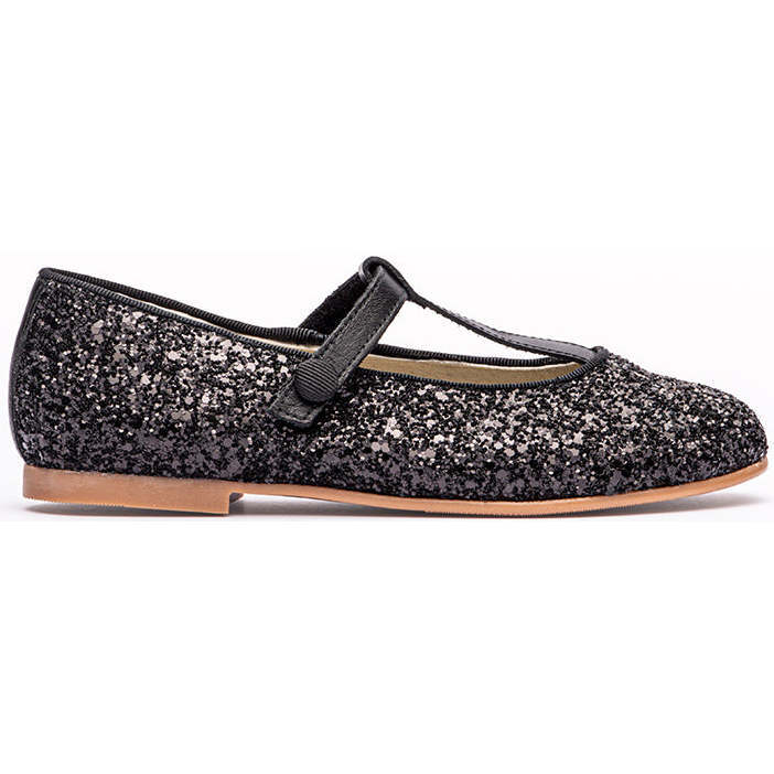 Hard Sole Glitter T-Band Flats, Black - Mary Janes - 1