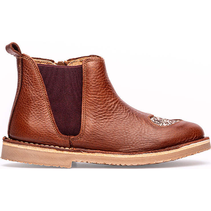 Brown Leather Chelsea Boot with Glitter Heart - Boots - 1