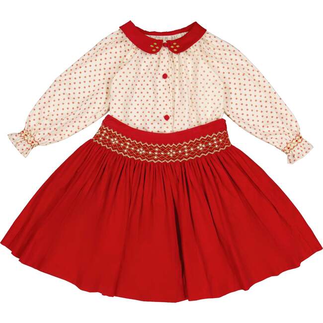 Marie Holiday Floral 3-Quarter Sleeve Blouse & Smocked Corduroy Skirt, Red - Mixed Apparel Set - 1