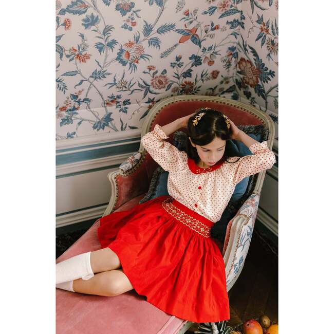Marie Holiday Floral 3-Quarter Sleeve Blouse & Smocked Corduroy Skirt, Red - Mixed Apparel Set - 2