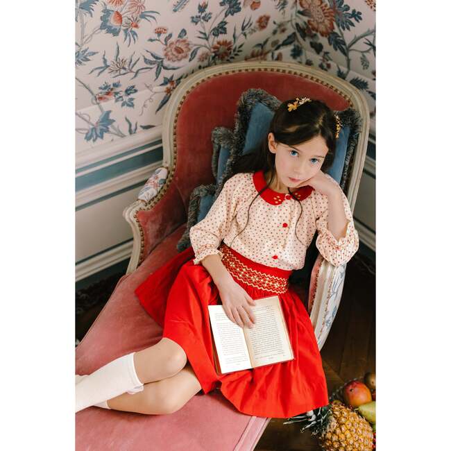 Marie Holiday Floral 3-Quarter Sleeve Blouse & Smocked Corduroy Skirt, Red - Mixed Apparel Set - 3