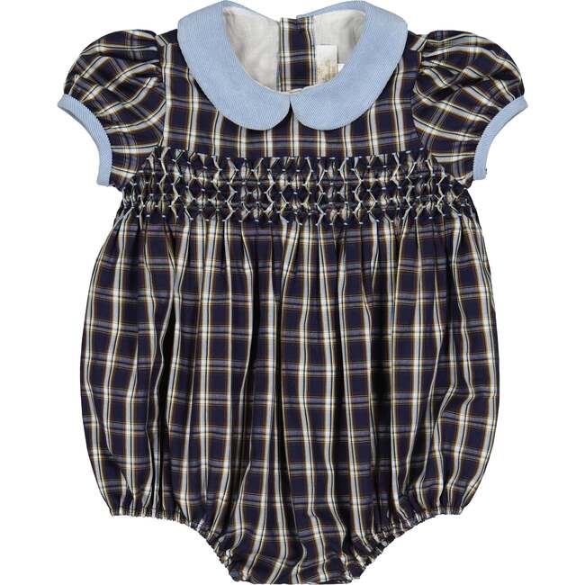 Angelica Tartan Velvet Collar Short Ballon Sleeve Smocked Bubble, Navy - Rompers - 1
