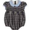 Angelica Tartan Velvet Collar Short Ballon Sleeve Smocked Bubble, Navy - Rompers - 1 - thumbnail