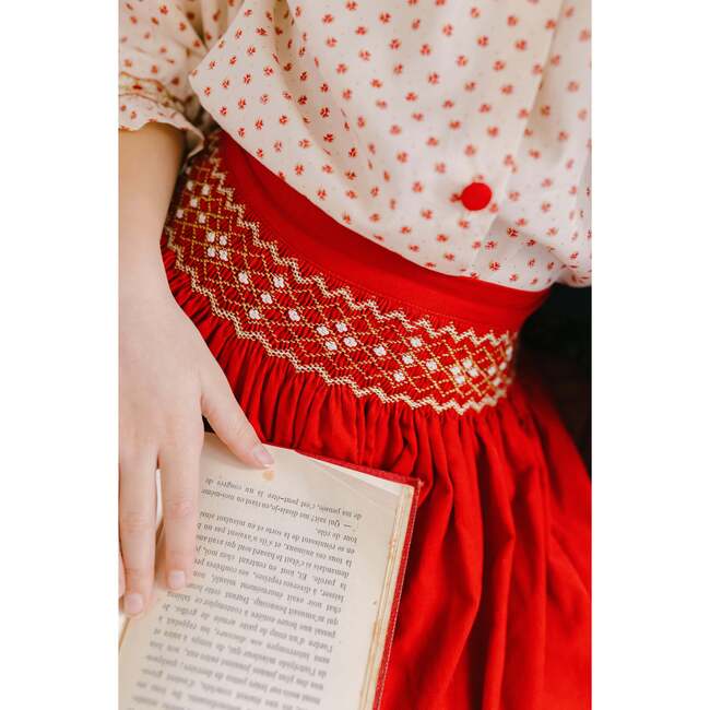 Marie Holiday Floral 3-Quarter Sleeve Blouse & Smocked Corduroy Skirt, Red - Mixed Apparel Set - 5