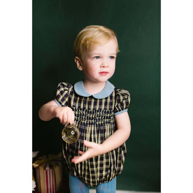 Angelica Tartan Velvet Collar Short Ballon Sleeve Smocked Bubble, Navy - Rompers - 2