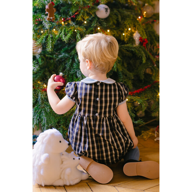 Angelica Tartan Velvet Collar Short Ballon Sleeve Smocked Bubble, Navy - Rompers - 3