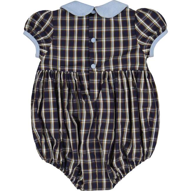 Angelica Tartan Velvet Collar Short Ballon Sleeve Smocked Bubble, Navy - Rompers - 5