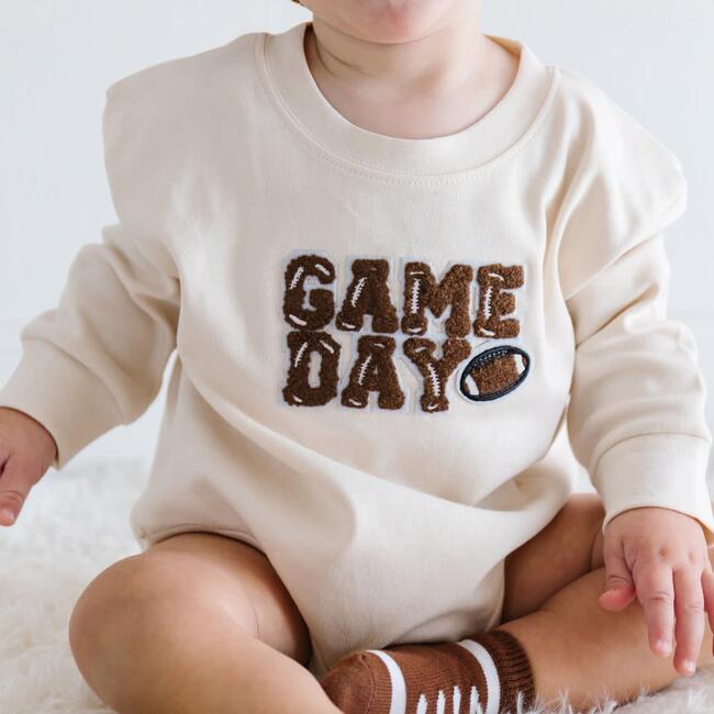 Game Day Patch Long Sleeve Romper, Natural - Rompers - 3