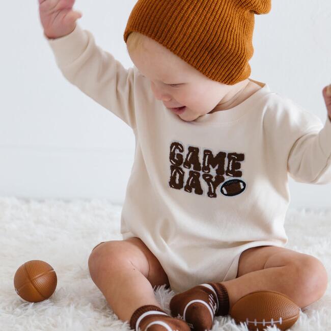 Game Day Patch Long Sleeve Romper, Natural - Rompers - 4