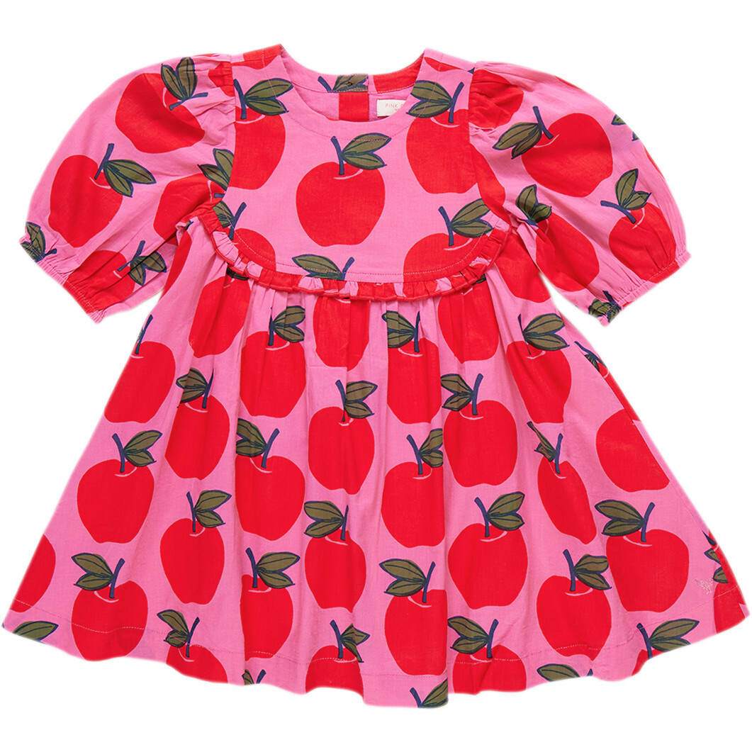 Rowan Ruffle 3-Quarter Puff Sleeve Dress, Pink Apples - Pink