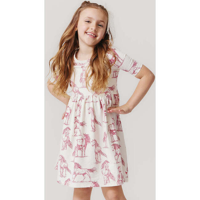 Organic Steph Crewneck Skinny Sleeve Tiered Dress, Vintage Rose Horses - Dresses - 2