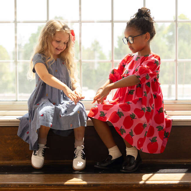 Rowan Ruffle 3-Quarter Puff Sleeve Dress, Pink Apples - Dresses - 4