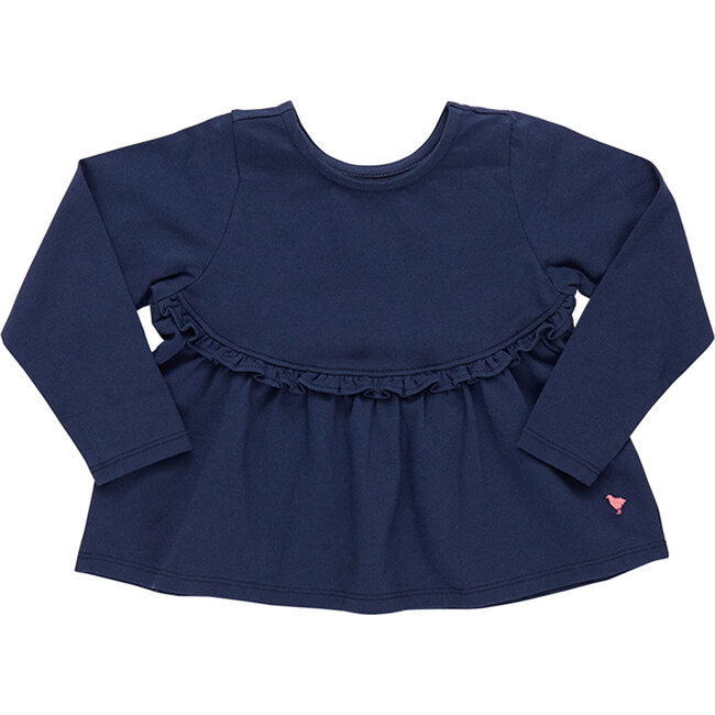 Organic Rowan Long Sleeve Curved Ruffle Waistline Top, Navy