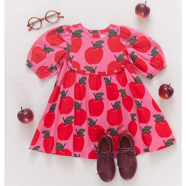 Rowan Ruffle 3-Quarter Puff Sleeve Dress, Pink Apples - Dresses - 6