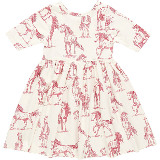 Organic Steph Crewneck Skinny Sleeve Tiered Dress, Vintage Rose Horses - Dresses - 6
